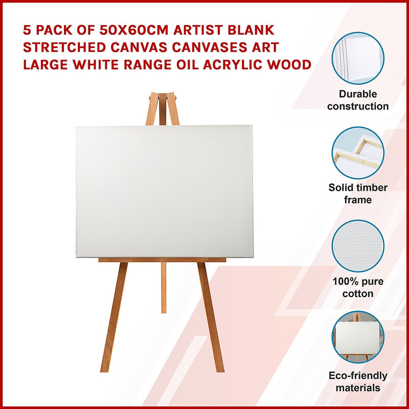 5 pack of 50x60cm Artist Blank Stretched Canvas Canvases Art Large