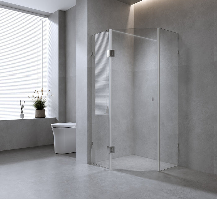 90cm Frameless Diamond Shower Screen with Nickel Brackets and Brass Hinges, Square Double Pull Handle