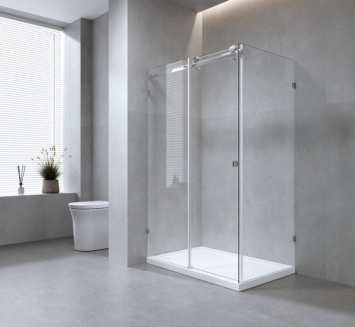 120x90cm Frameless Glass Sliding Corner Shower with Gunmetal Rail and Hardware