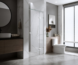 110cm Wall to Wall Frameless Shower Screen with Gold Brackets and SS Hinges, Square Double Pull Handle