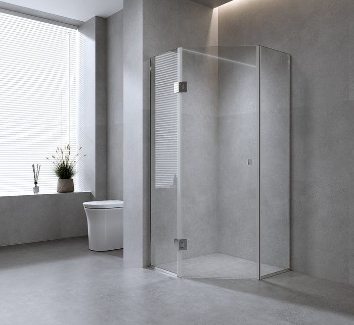 100cm Frameless Diamond Shower Screen with Channels and Brass Hinges - Nickel