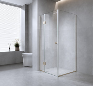 100x80cm Corner Frameless Shower Screen with White Channel and Brass Hinges, Round Handle