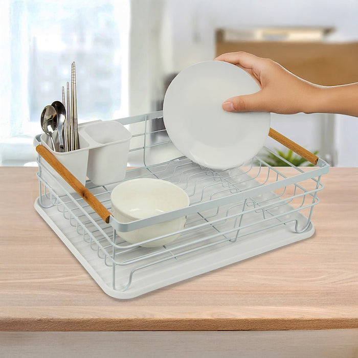 Metal Dish Drying Rack Drainboard Holder Tray Kitchen Plates Cutlery Wood Handle