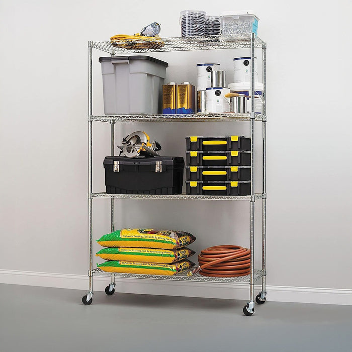 Modular Wire Storage Shelf 1200 x 600 x 1800mm Steel Shelving - Carbon Chrome Plated with Wheels