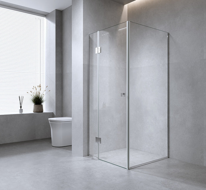 90x90cm Corner Frameless Shower Screen with Nickel Channel and Brass Hinges, Round Knob Handle