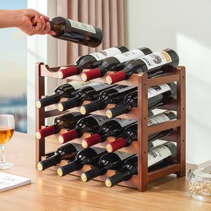 Bamboo Wine Rack Free Standing 15 Bottles with 6 Glasses Holder Storage in Brown