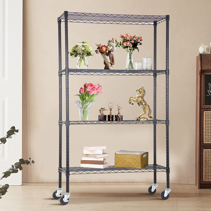 Modular Wire Storage Shelf 900 x 350 x 1800mm Steel Shelving - Baking Black Technology with Wheels