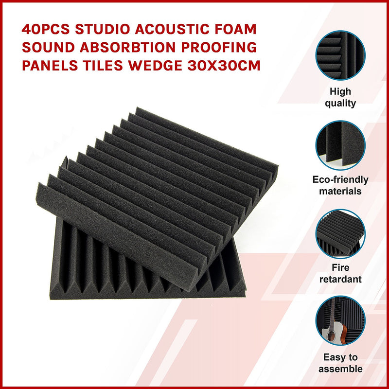 40pcs Studio Acoustic Foam Sound Absorbtion Proofing Panels Tiles Wedge ...