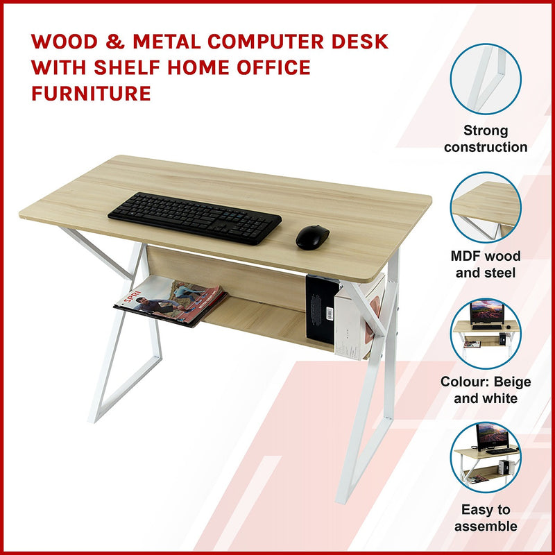 Wood & Metal Computer Desk with Shelf Home Office Furniture - Furniture ...