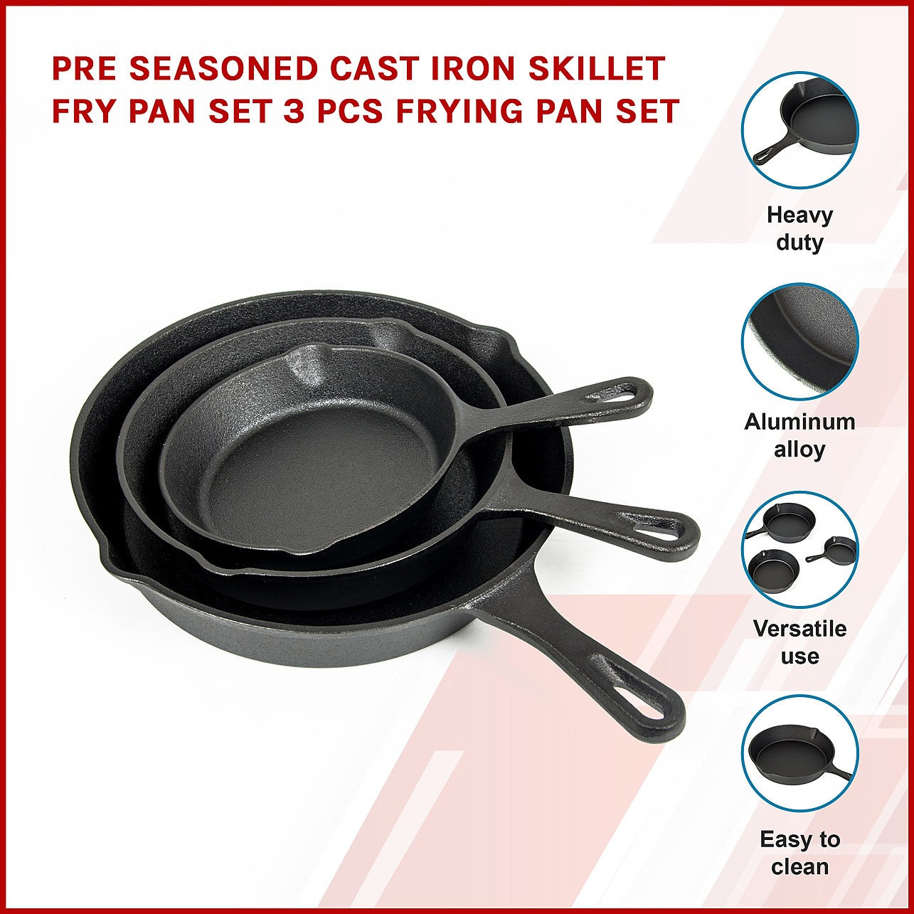 Dropship 3Pcs Pre-Seasoned Cast Iron Skillet Set 6/8/10in Non